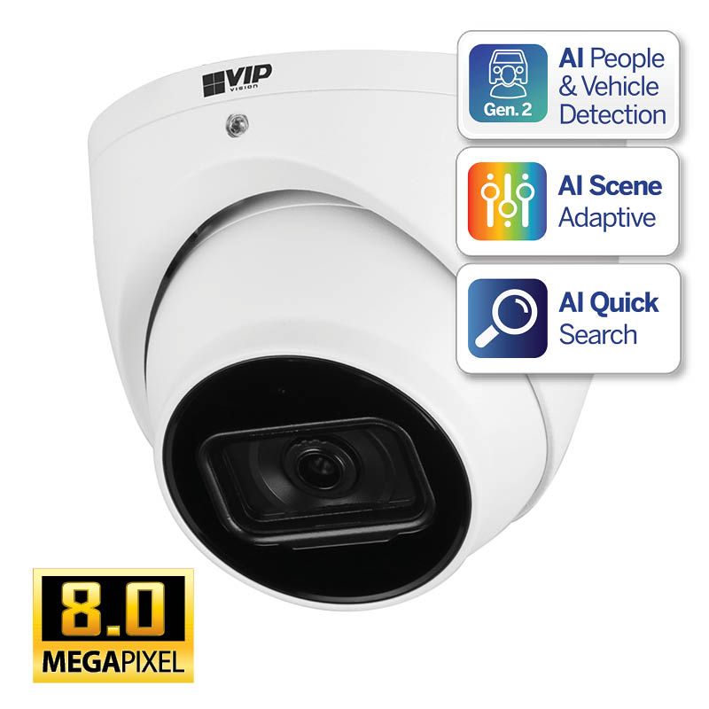 White dome security camera with AI features, including people/vehicle detection, scene adaptation, and quick search.