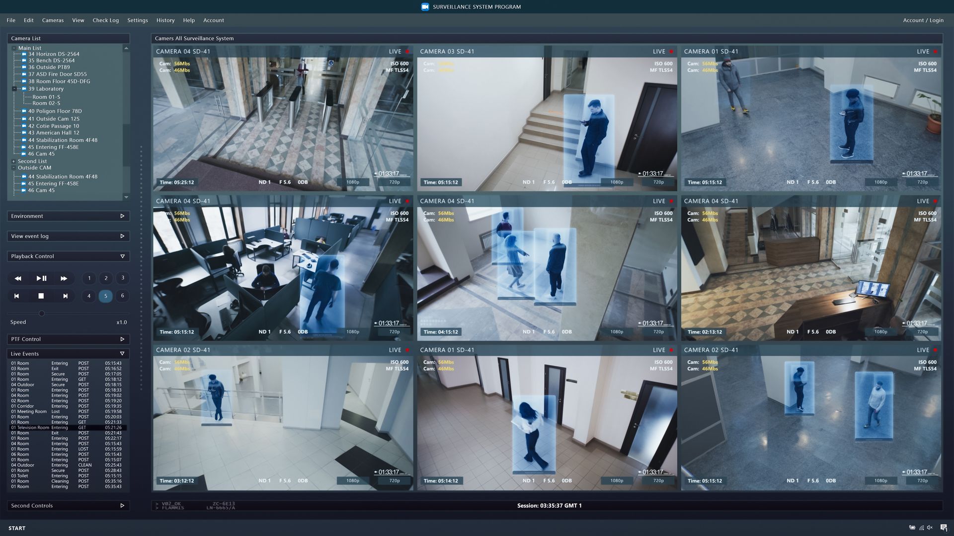 CCTV cameras playback on the computer screen, showcasing people walking in the coworking office. CCTV cameras playback on the computer screen, showcasing people walking in the coworking office.