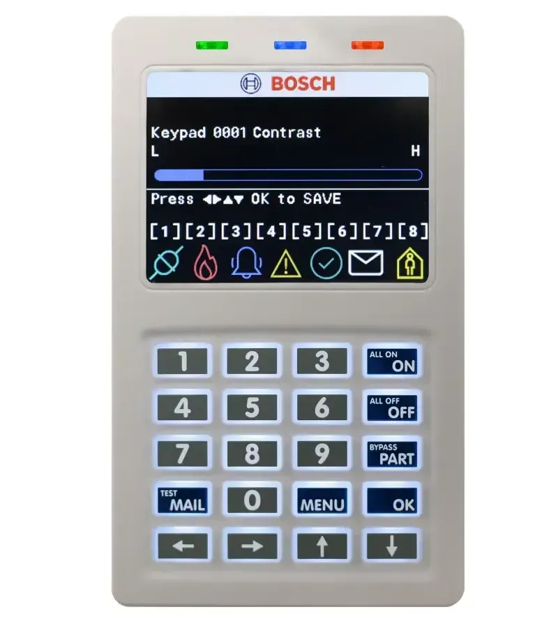 A Bosch security system keypad with a screen displaying contrast settings and labeled buttons, including numbers, menu, and alarm options.