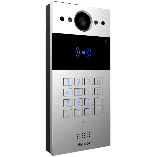 Silver intercom with a camera, keypad, and card reader.