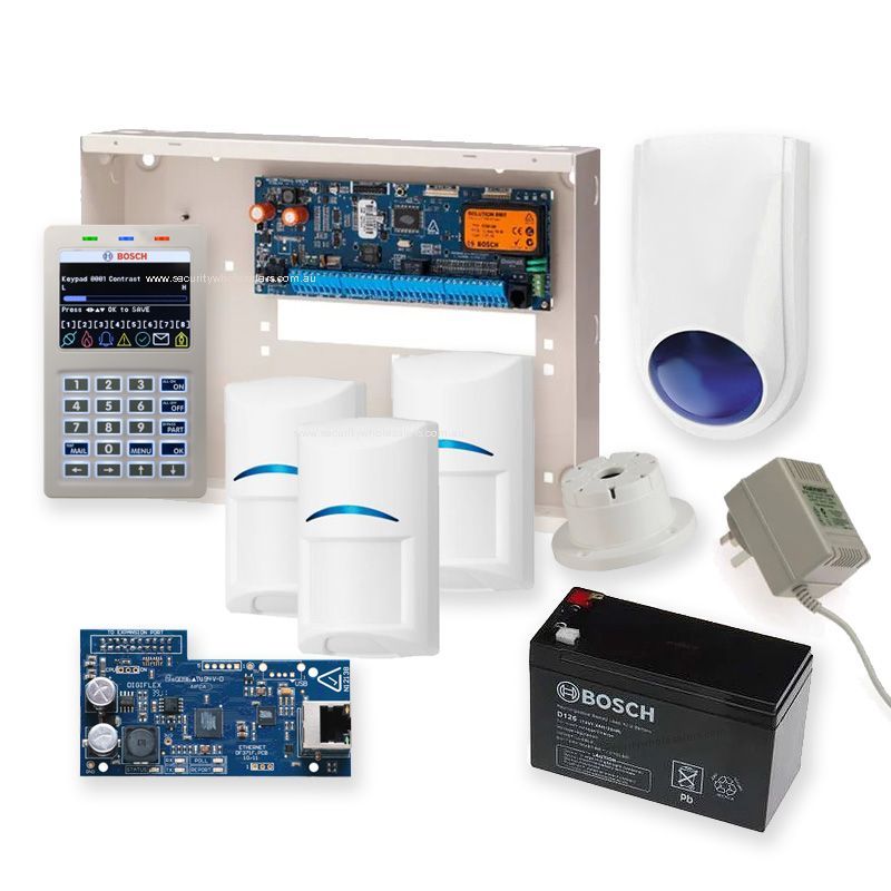 Security system components: control panel, keypad, motion sensors, siren, power supply, and battery.