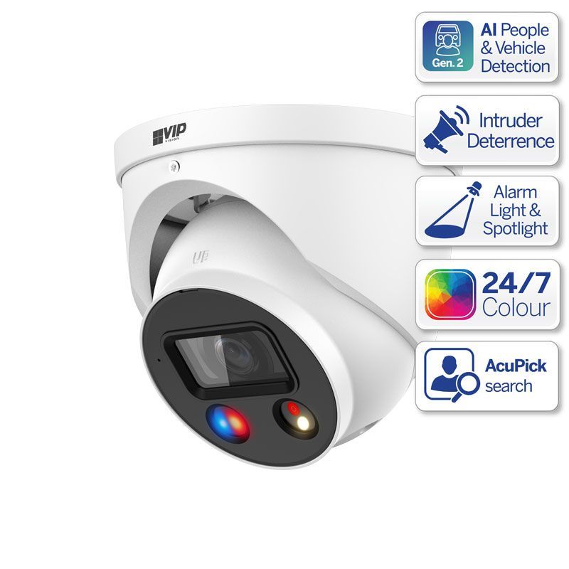 White security camera with features like AI detection, intruder deterrence, and 24/7 color.