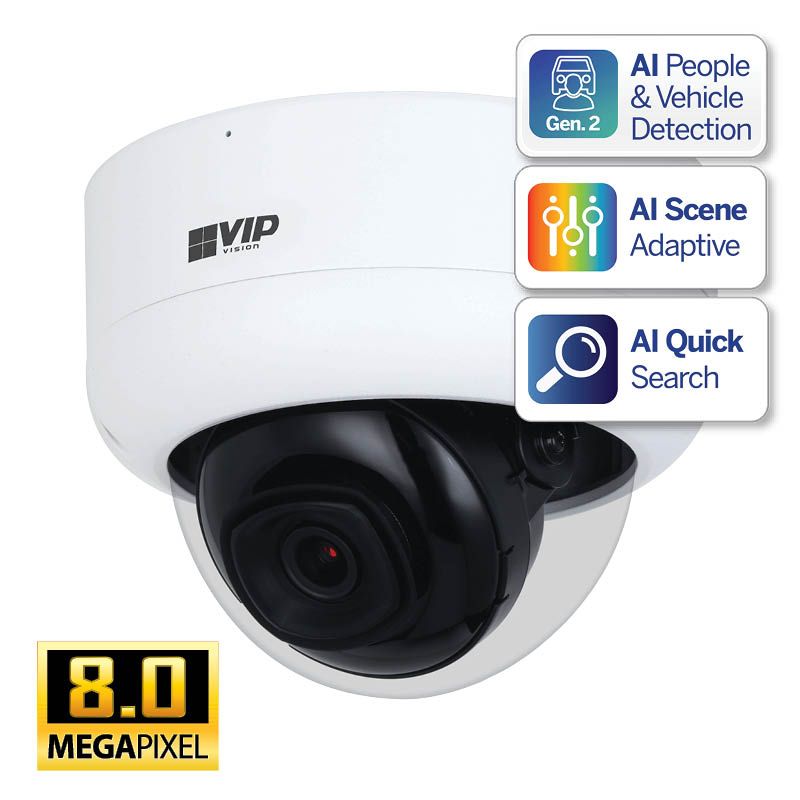 White dome security camera with AI features, including people/vehicle detection. Displays 8.0 Megapixel resolution.
