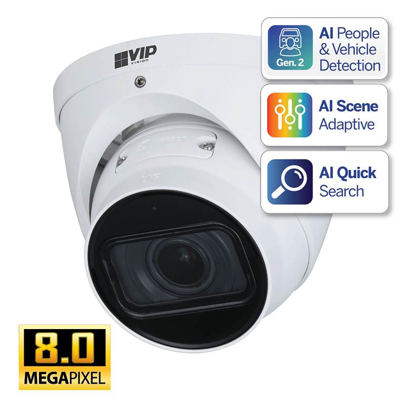 White security camera with AI features, 8.0 Megapixel resolution. Features include people/vehicle detection, scene adaptive, and quick search.