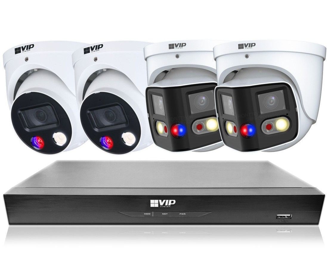 Security camera system: four white dome cameras, black DVR unit.