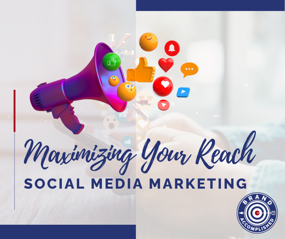 Purple megaphone with social media icons and “Maximizing Your Reach” social media marketing text