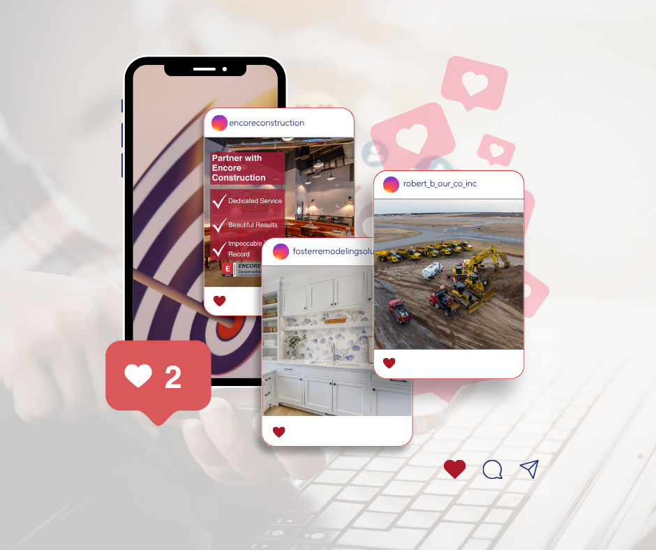 Mobile social media mockup with three photo posts, pink heart notifications, and a laptop background
