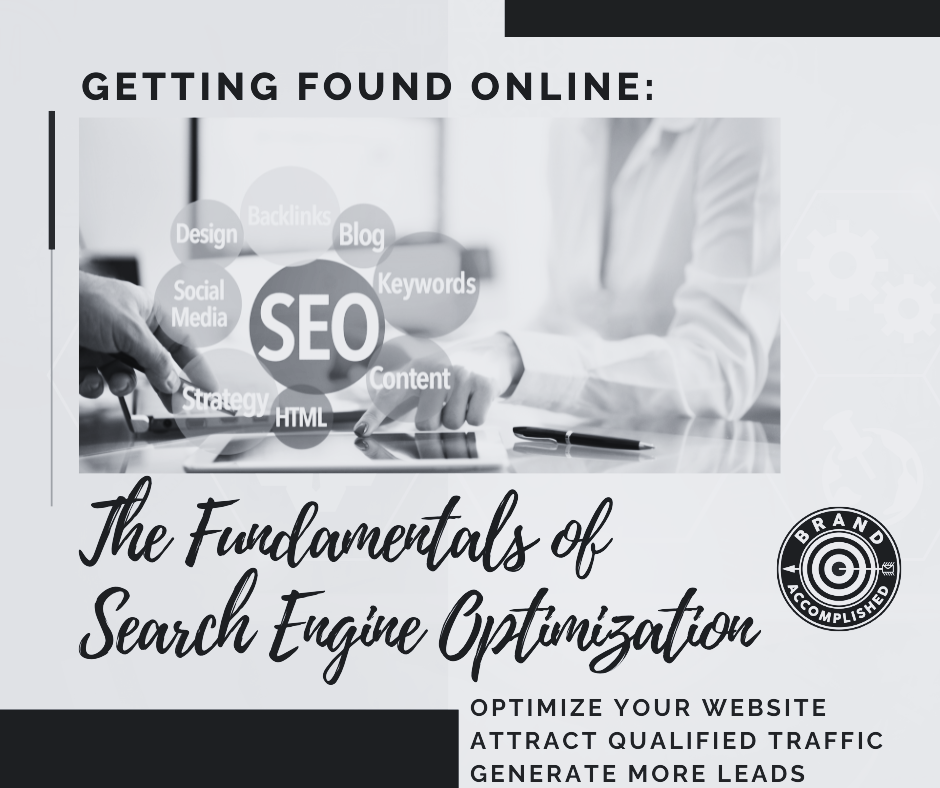 SEO training cover: laptop with search icons, “Getting Found Online” and “The Fundamentals of Search Engine Optimization”