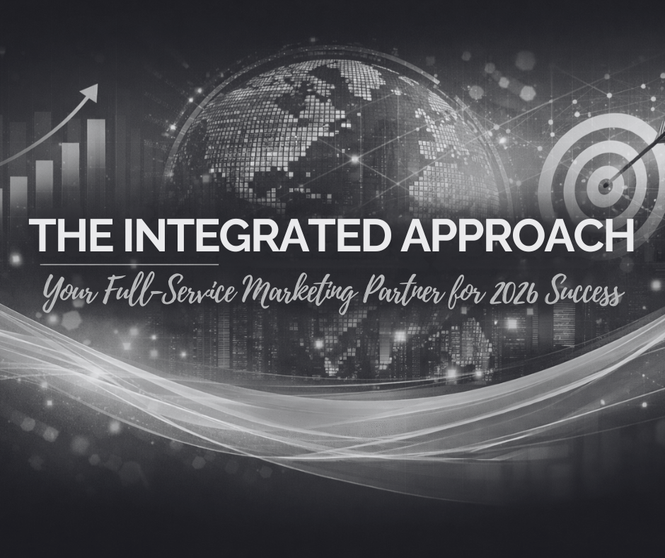 Black and white graphic with globe, target, and bar graph; text