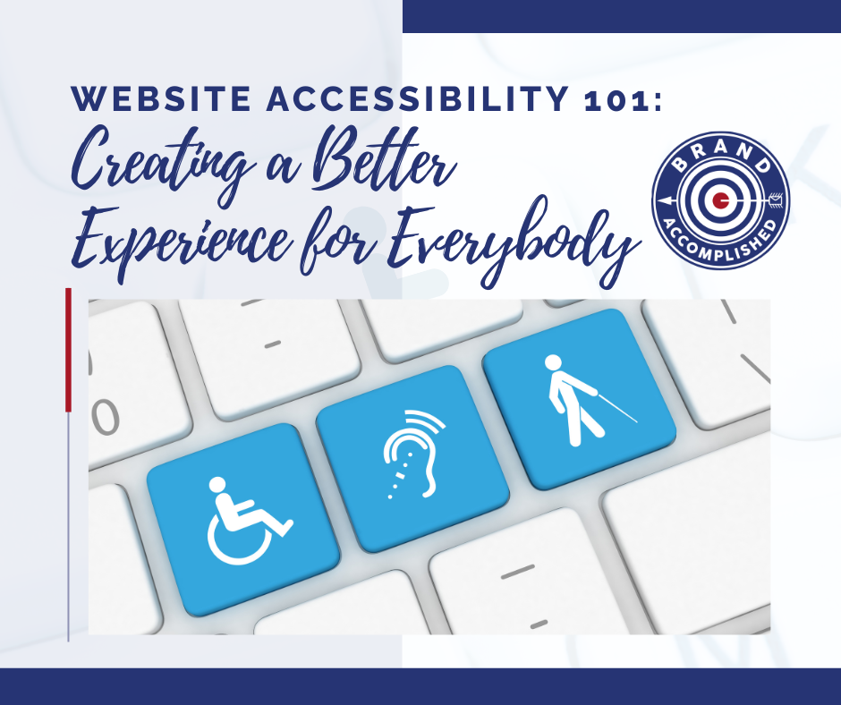 Website accessibility graphic with blue icons on keyboard and text,