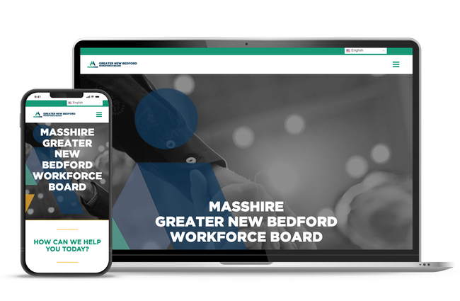 MassHire Greater New Bedford Workforce Board website displayed on a phone and laptop.