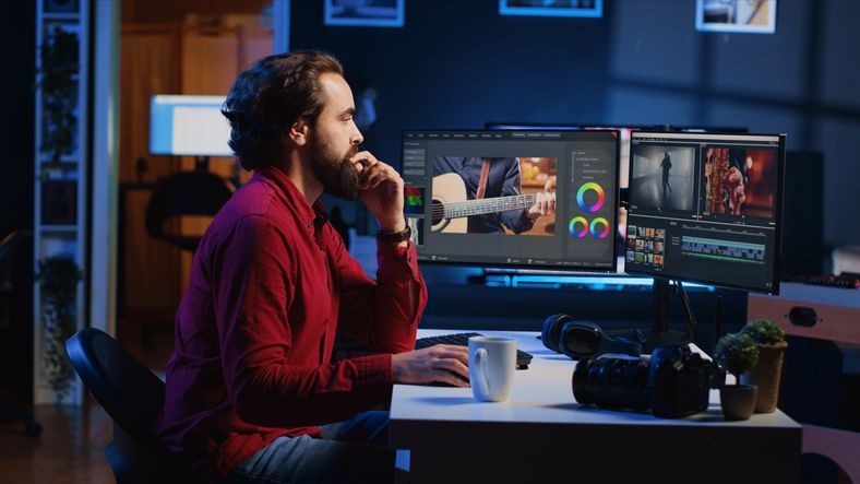 Videographer in media agency studio doing color correction on raw footage