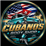 Los Cubanos Body Shop logo with a classic car, American and Cuban flags, and circular metallic border