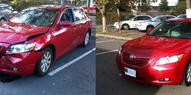 Two red sedans parked side by side in a parking lot, one front view and one angled view.