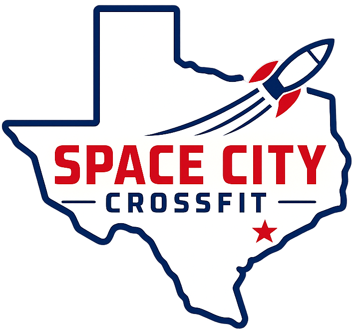 Space City CrossFit logo over Texas outline with rocket and red stars
