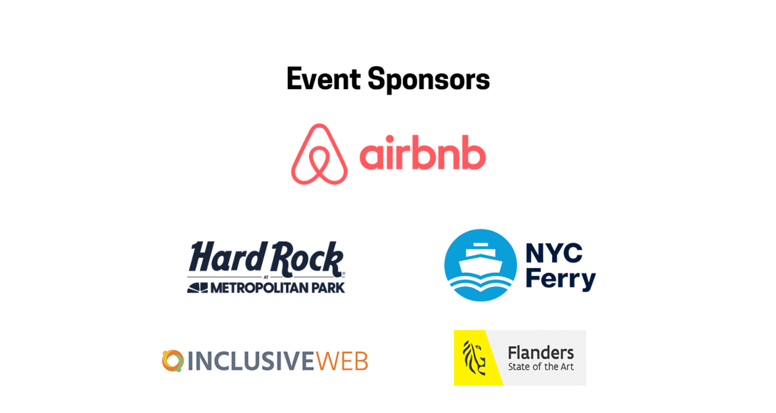 Event sponsor logos AirBnB, Hard Rock, NYC Ferry, Inclusive Web and Visit Flanders