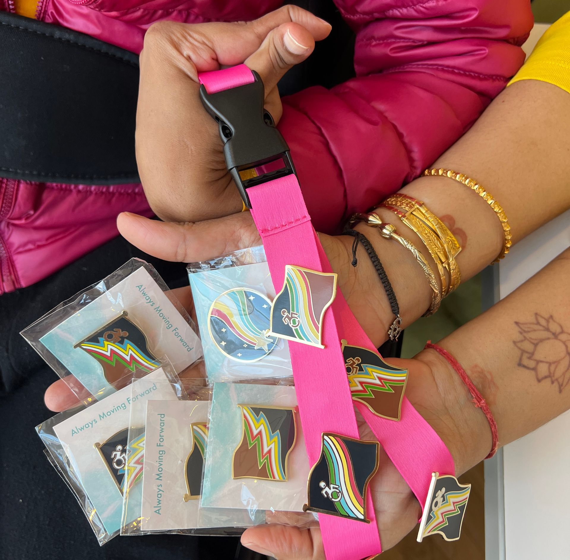 Disability Pride Flag with flag color meanings re-imagined into 10 beautifully Disability Pride pins
