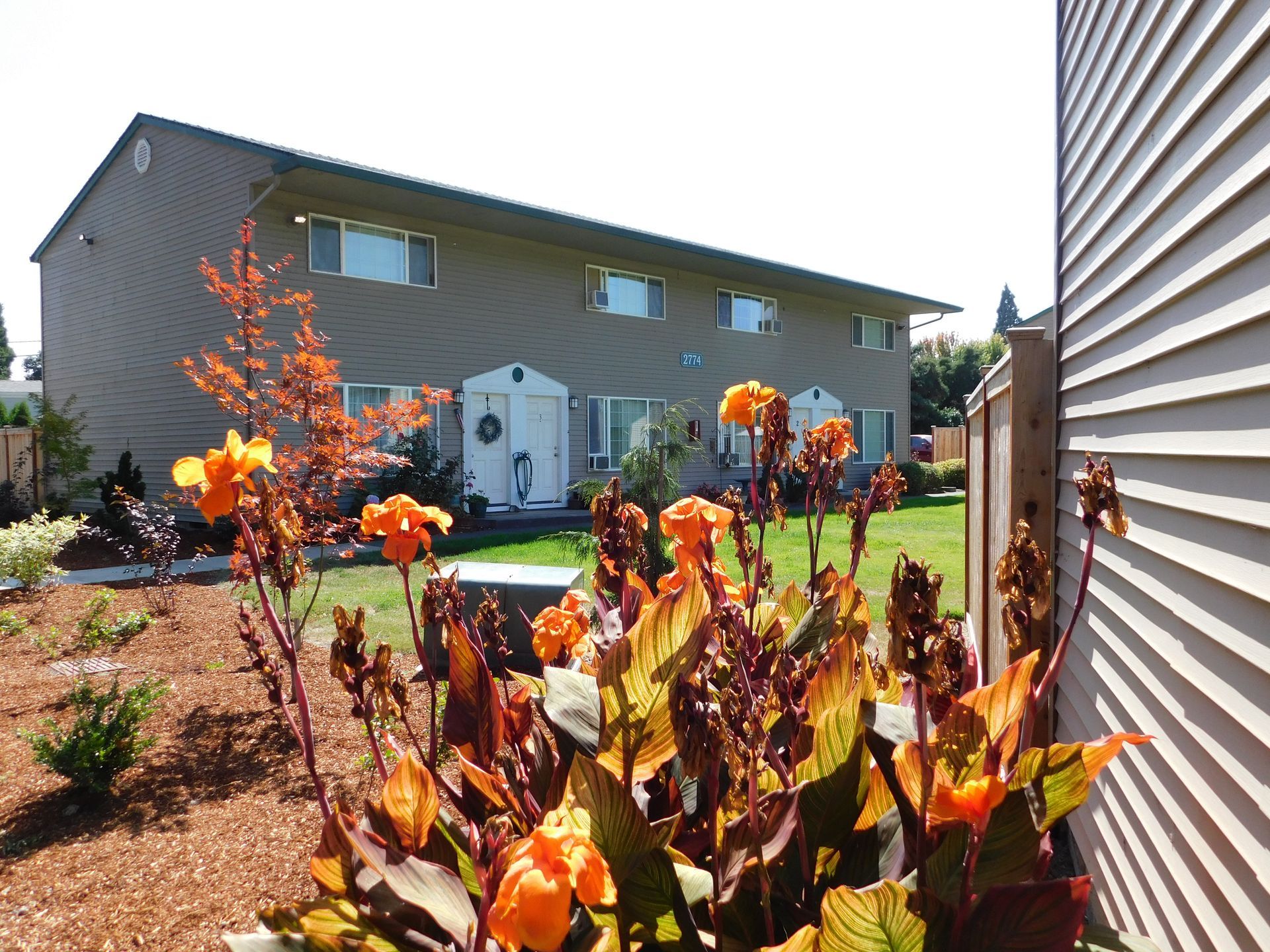 Apartment building with orange flowers in front, green lawn, and woodchip landscaping.