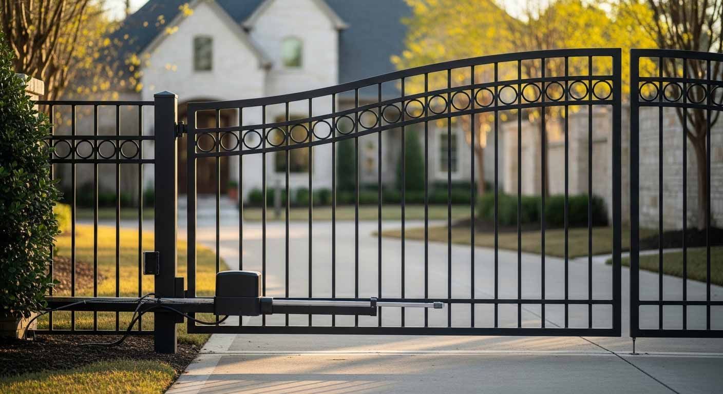 Custom double-panel wrought iron swing gate with automated operator at a West Houston residential dr