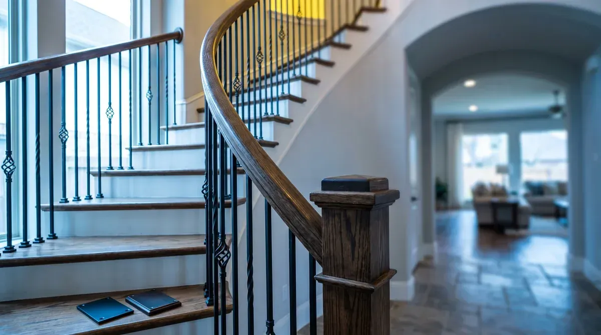 Curved oak staircase with iron balusters and two finish sample plates on the bottom tread
