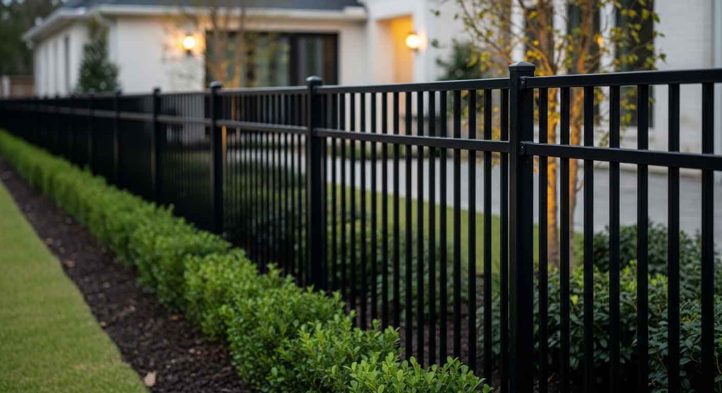 Custom flat-top black iron fence surrounding a West Houston residential property with powder coat
