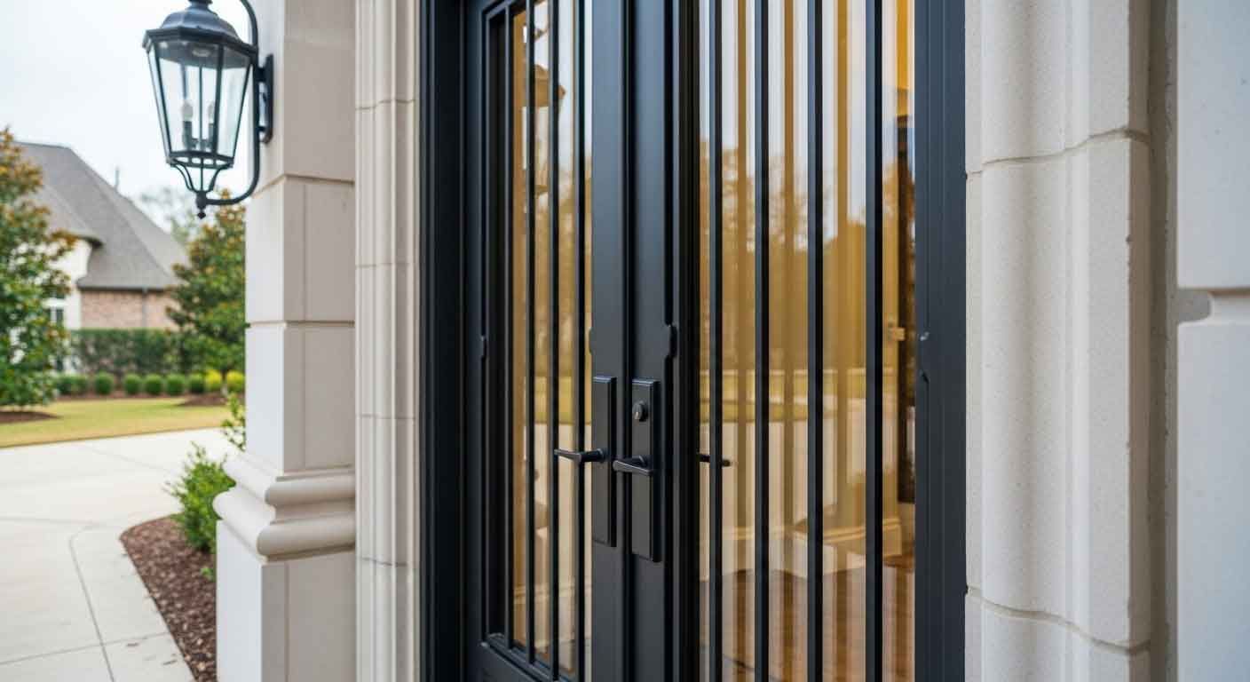 Custom forged iron double door on a high-end Houston residential home exterior, matte black powder