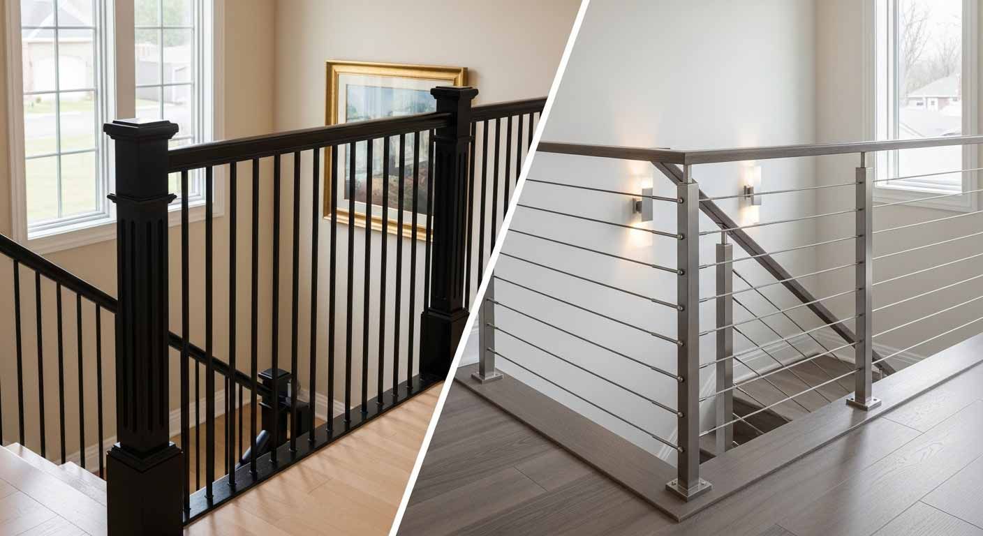 Split view comparing custom iron stair railing and stainless steel cable railing inside Houston home