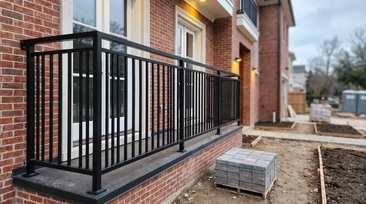 Black iron railing on a brick terrace of a new custom home, with pavers stacked for landscaping