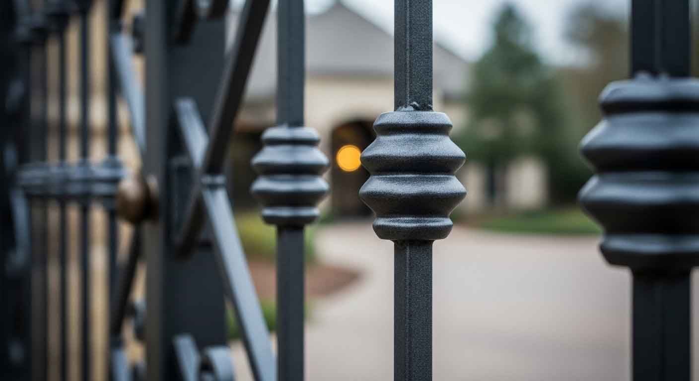 Close-up of powder coat finish on custom iron gate at a West Houston residential property
