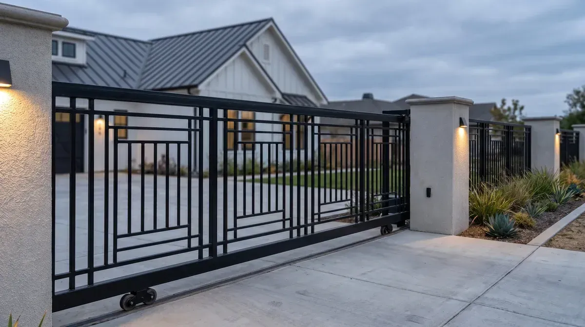 Modern black iron sliding driveway gate on a ground track between stucco columns at a farmhouse