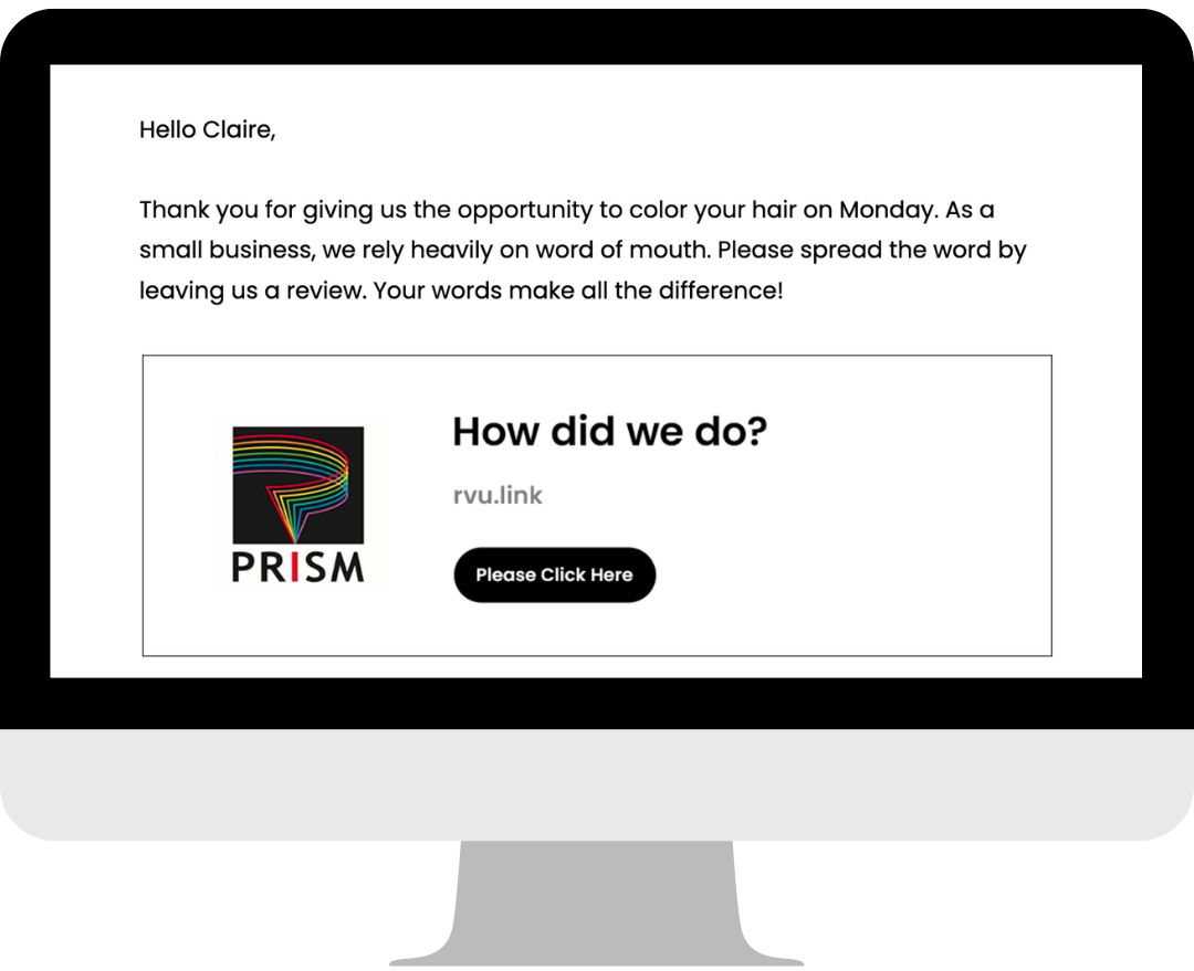 A laptop with RVU Link's email review request template.