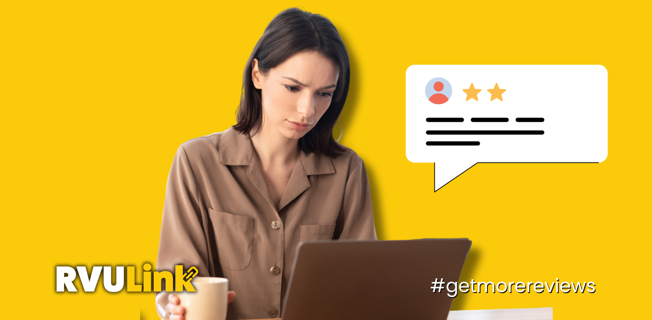 An unhappy woman looking at a computer with a negative review. 