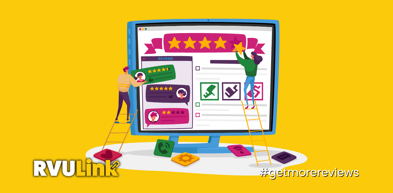 Animated image of people putting up reviews on a computer.