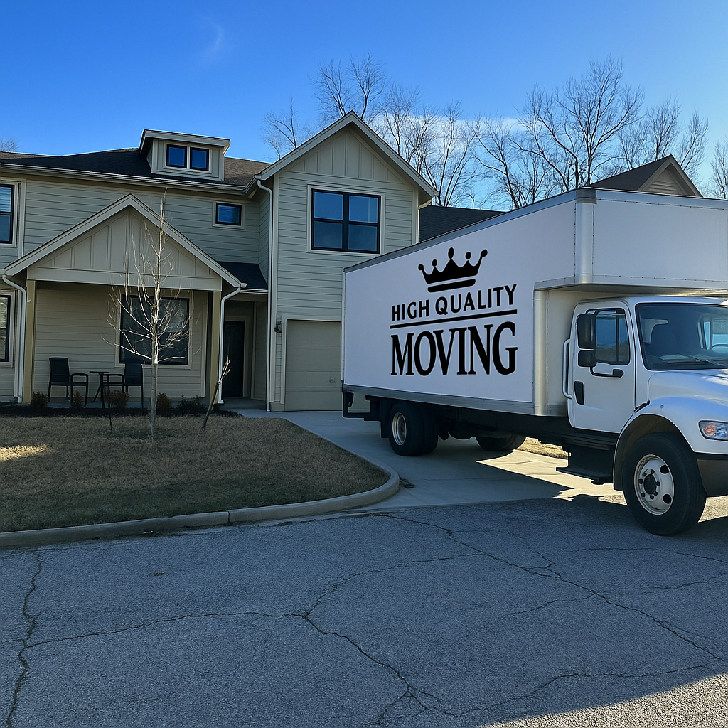 Moving truck parked in front of a house;