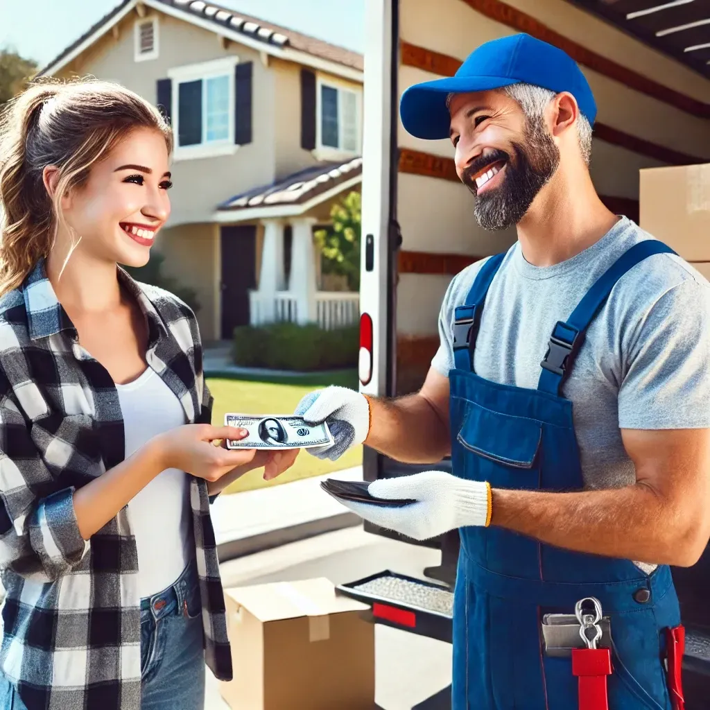 A man is giving a woman a dollar bill in front of a truck.