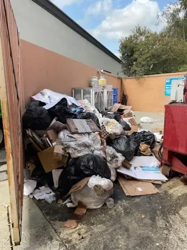 Pile of trash bags, cardboard boxes, and debris outside a building, under a blue sky.