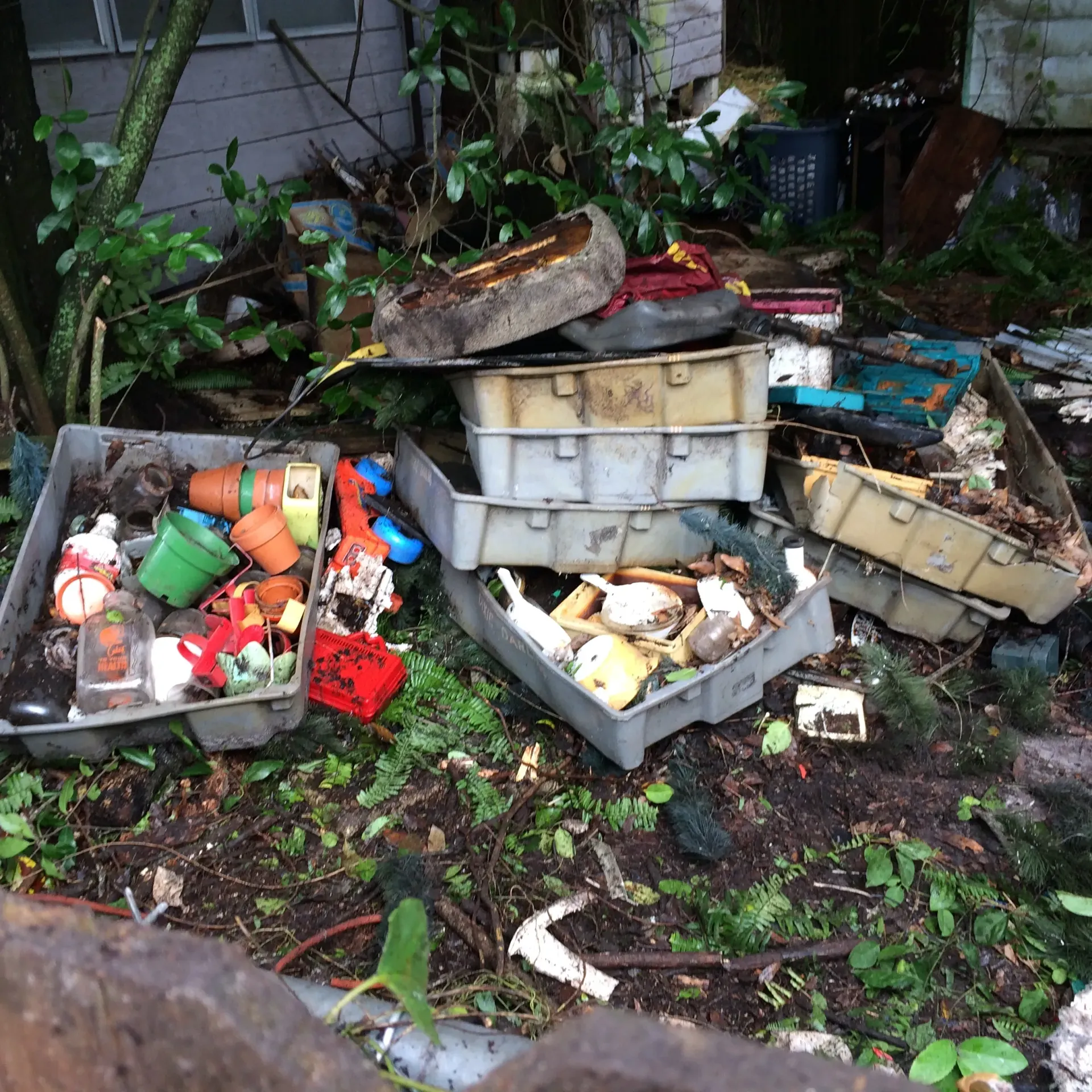 Plastic bins overflowing with trash and debris on muddy ground, near a building.