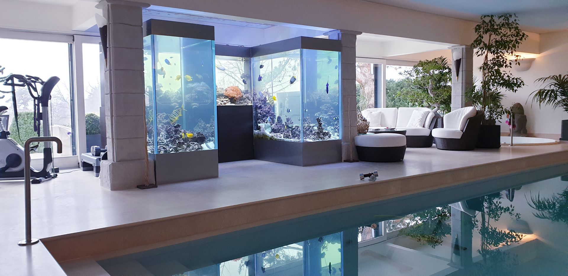 Espace piscine intérieure avec grands aquariums, coin salon et équipements de fitness.