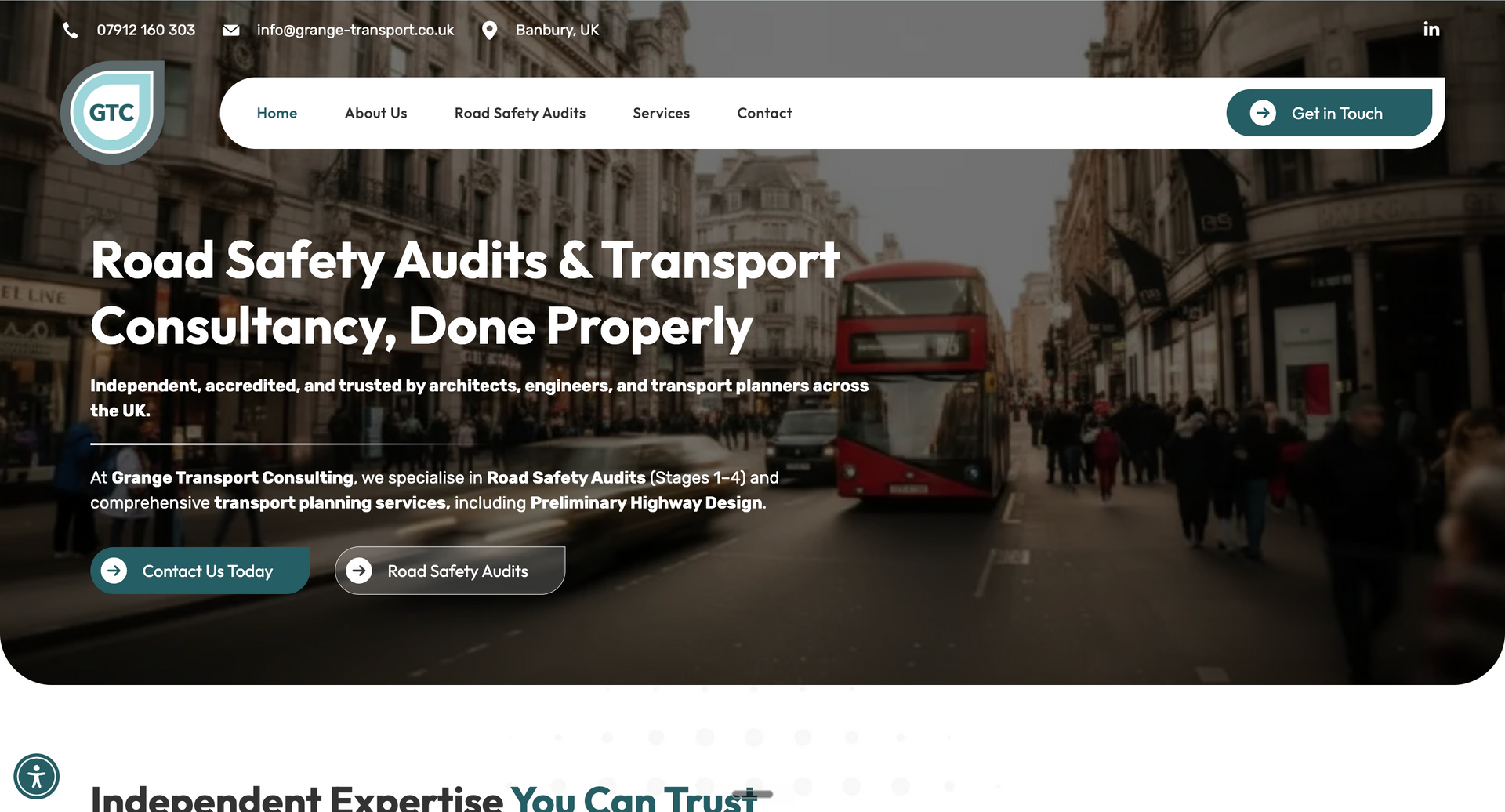 Transport consultancy Grange Transport Consultancy's website hero section.