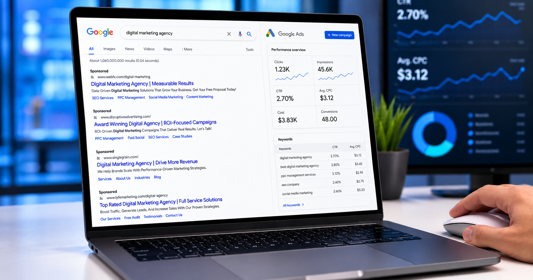 Comparison of organic Google search results and Google Ads for digital marketing.