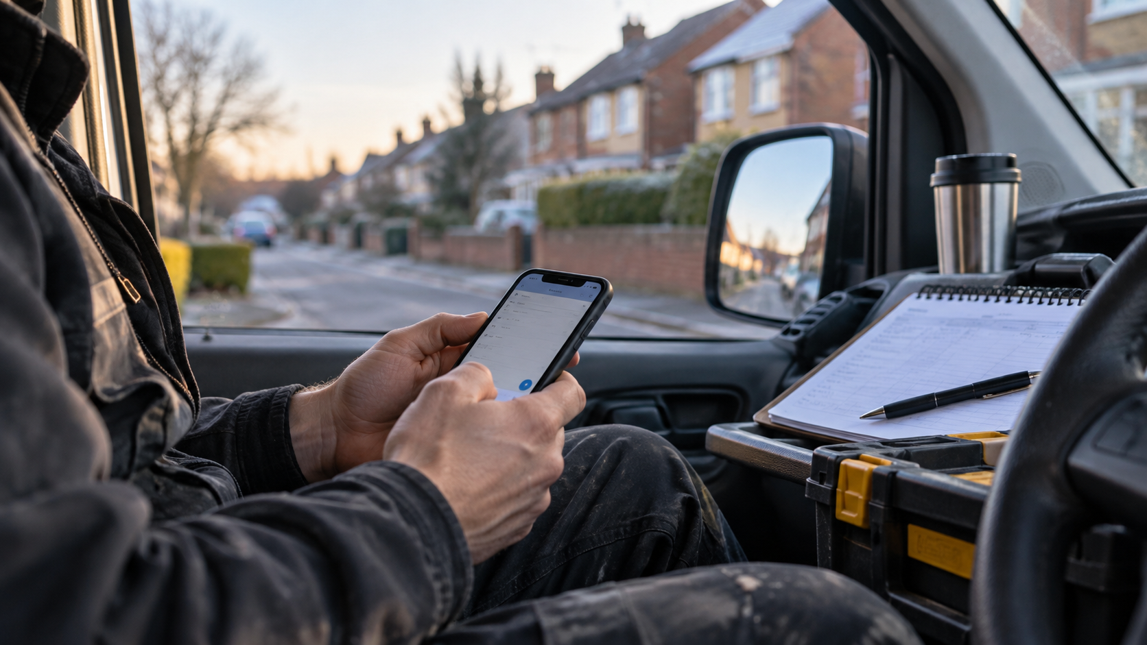 UK tradesperson checking a smartphone inside a work van on a quiet winter morning.