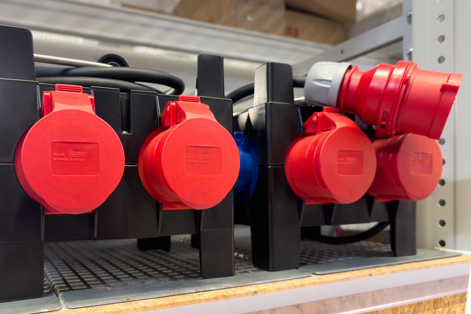 A bunch of red and blue electrical outlets are sitting on a shelf.