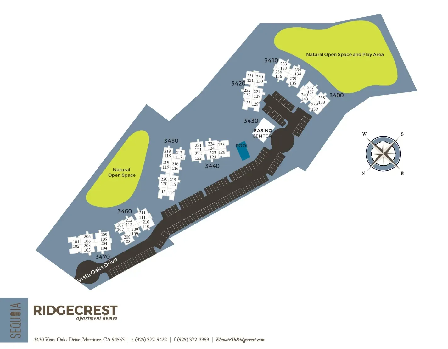 Ridgecrest apartment complex map with building layouts, green spaces, and a pool.