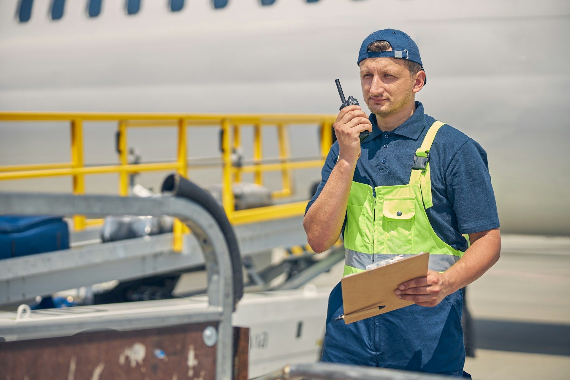 Ground crew worker at an airport holding a clipboard and radio, standing near a plane, wearing a safety vest.