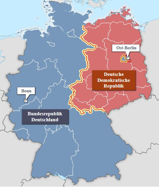 Map of Germany divided into West and East Germany, labeled Bundesrepublik Deutschland and Deutsche Demokratische Republik.