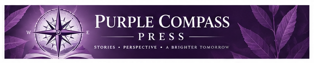 Purple Compass Press banner with a compass logo, white text, and purple floral background