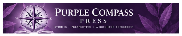 Purple Compass Press banner with compass logo and serif text on a purple floral background