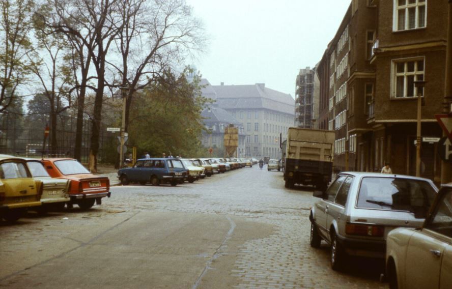 Quiet city street with parked cars, leafless trees, and old brick buildings on a foggy day
