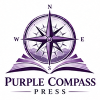Purple compass logo above an open book with the text “Purple Compass Press”