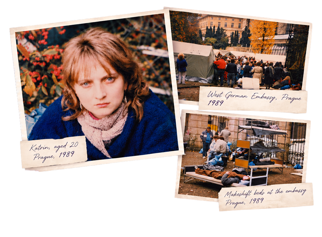 Collage of three Polaroid-style photos: a young person in a blue scarf and two cozy indoor scenes with handwritten notes